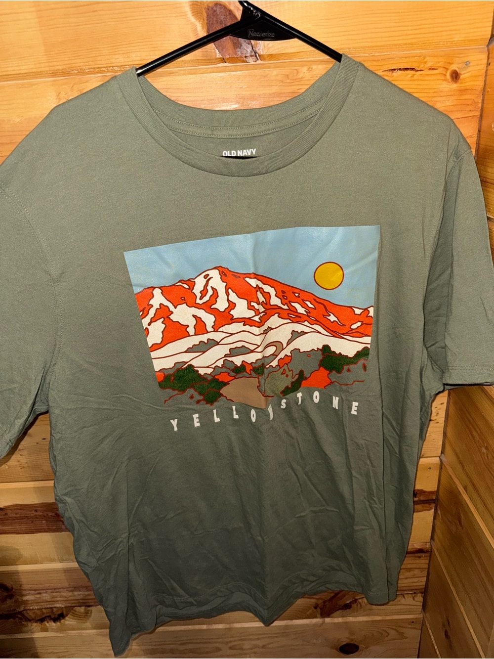 Old Navy Olive Green Short Sleeve Tee with Orange and Blue Yellowstone Graphic